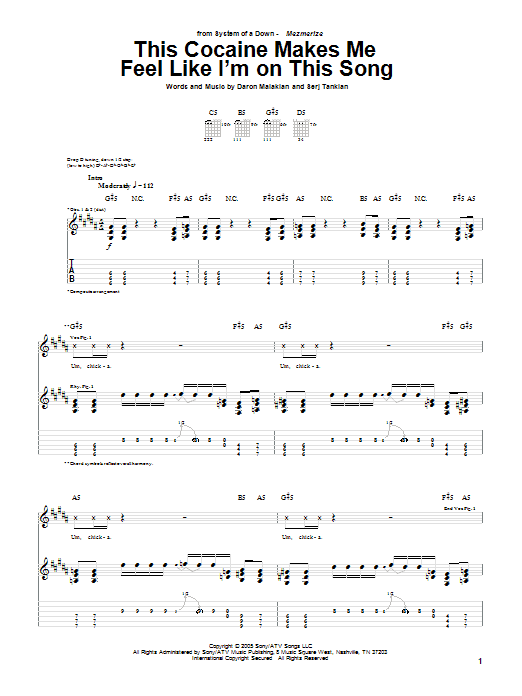 Learn to play System Of A Down This Cocaine Makes Me Feel Like I'm On This Song sheet music for Guitar Tab in minutes. Price: 7.8900$ System Of A Down This Cocaine Makes Me Feel Like I'm On This Song sheet music notes and chords arranged for Guitar Tab