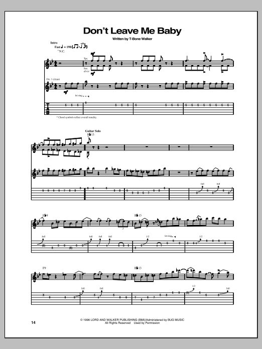 Learn to play T-Bone Walker Don't Leave Me Baby sheet music for Guitar Tab in minutes. Price: 7.8900$ T-Bone Walker Don't Leave Me Baby sheet music notes and chords arranged for Guitar Tab