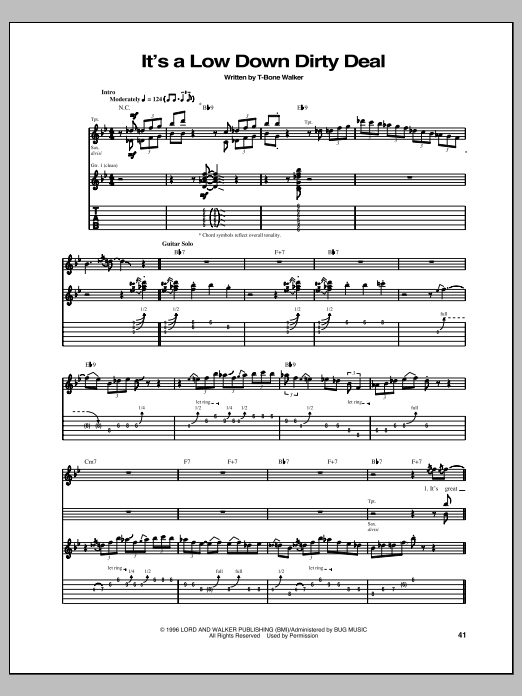 Learn to play T-Bone Walker It's A Low Down Dirty Deal sheet music for Guitar Tab in minutes. Price: 7.8900$ T-Bone Walker It's A Low Down Dirty Deal sheet music notes and chords arranged for Guitar Tab