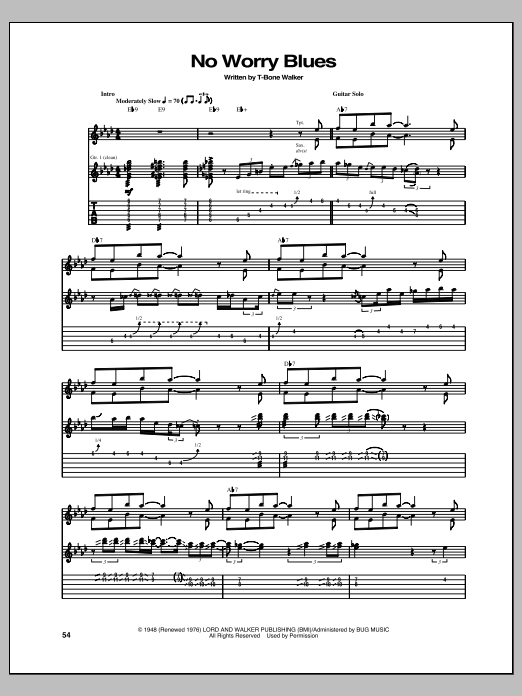 Learn to play T-Bone Walker No Worry Blues sheet music for Guitar Tab in minutes. Price: 7.8900$ T-Bone Walker No Worry Blues sheet music notes and chords arranged for Guitar Tab