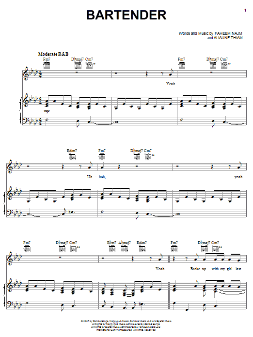 Learn to play T-Pain Bartender (feat. Akon) sheet music for Piano, Vocal & Guitar Chords (Right-Hand Melody) in minutes. Price: 7.8900$ T-Pain Bartender (feat. Akon) sheet music notes and chords arranged for Piano, Vocal & Guitar Chords (Right-Hand Melody)