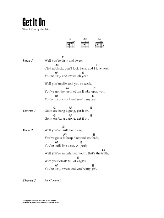 T. Rex Bang A Gong (Get It On) sheet music notes and chords. Download Printable PDF.