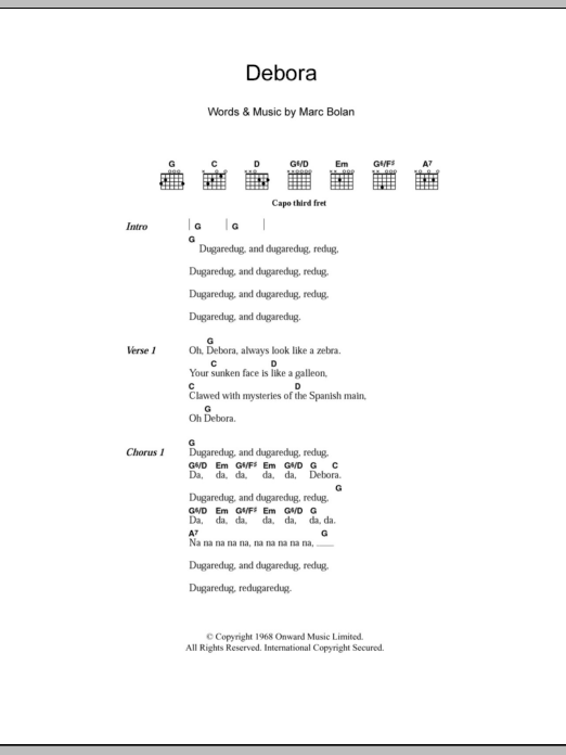 Learn to play T. Rex Debora sheet music for Guitar Tab in minutes. Price: 7.8900$ T. Rex Debora sheet music notes and chords arranged for Guitar Tab