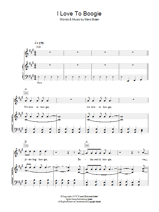 T. Rex I Love To Boogie sheet music notes and chords arranged for Piano, Vocal & Guitar Chords