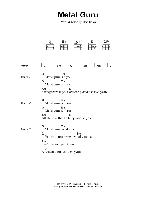 T. Rex Metal Guru sheet music notes and chords. Download Printable PDF.