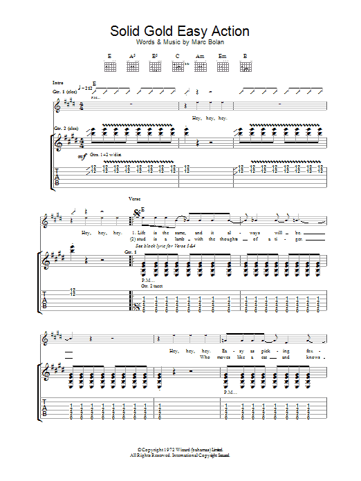Learn to play T. Rex Solid Gold Easy Action sheet music for Guitar Tab in minutes. Price: 7.8900$ T. Rex Solid Gold Easy Action sheet music notes and chords arranged for Guitar Tab