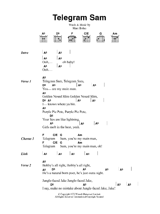 T. Rex Telegram Sam sheet music notes and chords. Download Printable PDF.