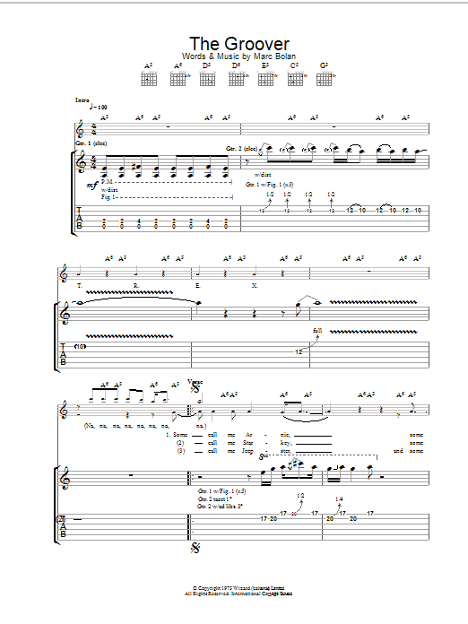 Learn to play T. Rex The Groover sheet music for Guitar Tab in minutes. Price: 7.8900$ T. Rex The Groover sheet music notes and chords arranged for Guitar Tab