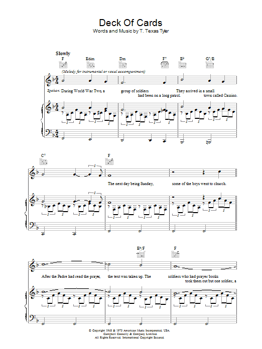Learn to play T. Texas Tyler Deck Of Cards sheet music for Piano, Vocal & Guitar Chords in minutes. Price: 7.8900$ T. Texas Tyler Deck Of Cards sheet music notes and chords arranged for Piano, Vocal & Guitar Chords