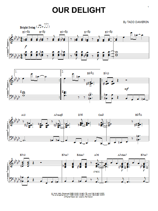 Tadd Dameron Our Delight (arr. Brent Edstrom) sheet music notes and chords arranged for Piano Solo