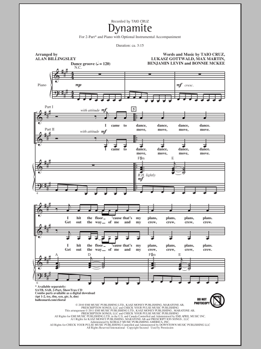 Taio Cruz Dynamite (arr. Alan Billingsley) sheet music notes and chords arranged for SAB Choir