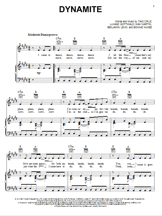 Taio Cruz Dynamite sheet music notes and chords. Download Printable PDF.