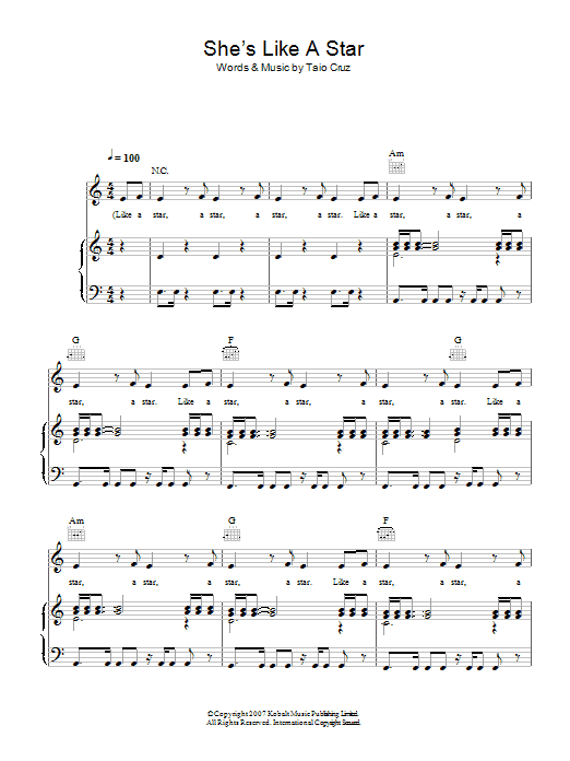 Learn to play Taio Cruz She's Like A Star sheet music for Piano, Vocal & Guitar Chords in minutes. Price: 7.8900$ Taio Cruz She's Like A Star sheet music notes and chords arranged for Piano, Vocal & Guitar Chords