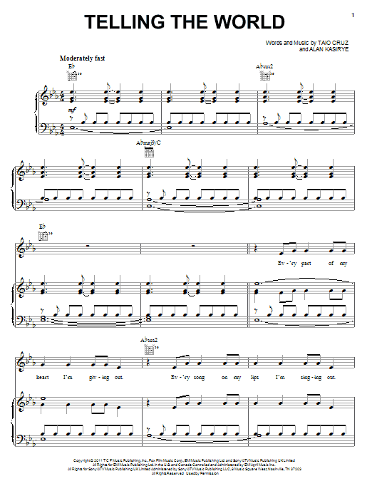 Learn to play Taio Cruz Telling The World sheet music for Piano, Vocal & Guitar Chords (Right-Hand Melody) in minutes. Price: 7.8900$ Taio Cruz Telling The World sheet music notes and chords arranged for Piano, Vocal & Guitar Chords (Right-Hand Melody)