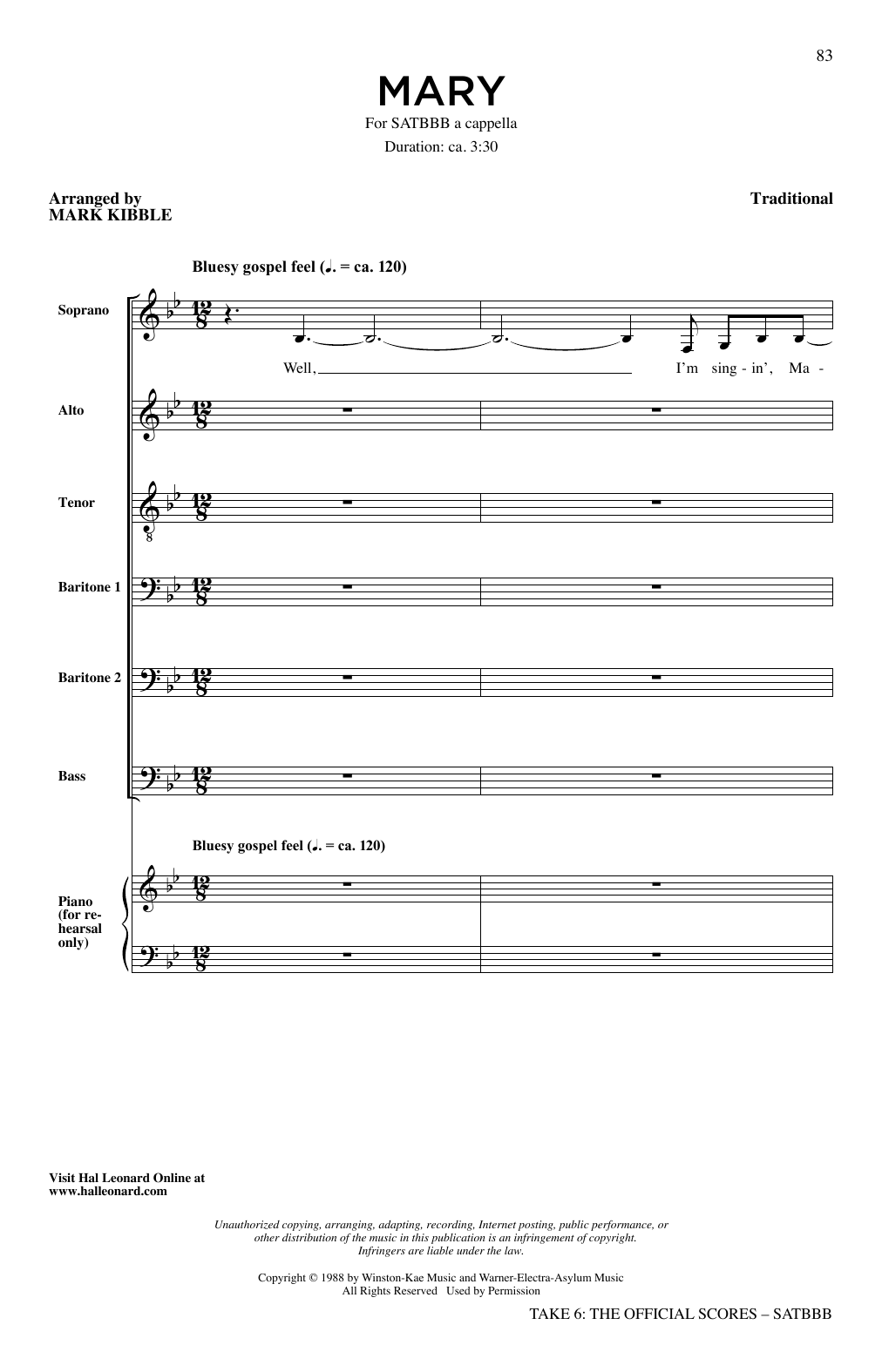 Take 6 Mary sheet music notes and chords. Download Printable PDF.