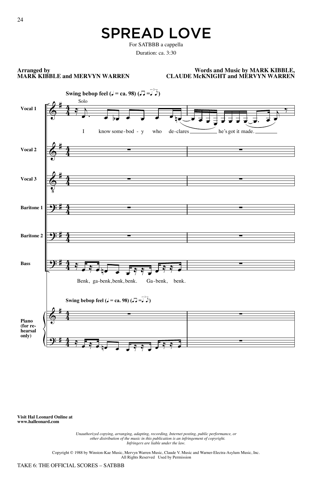 Take 6 Spread Love sheet music notes and chords. Download Printable PDF.