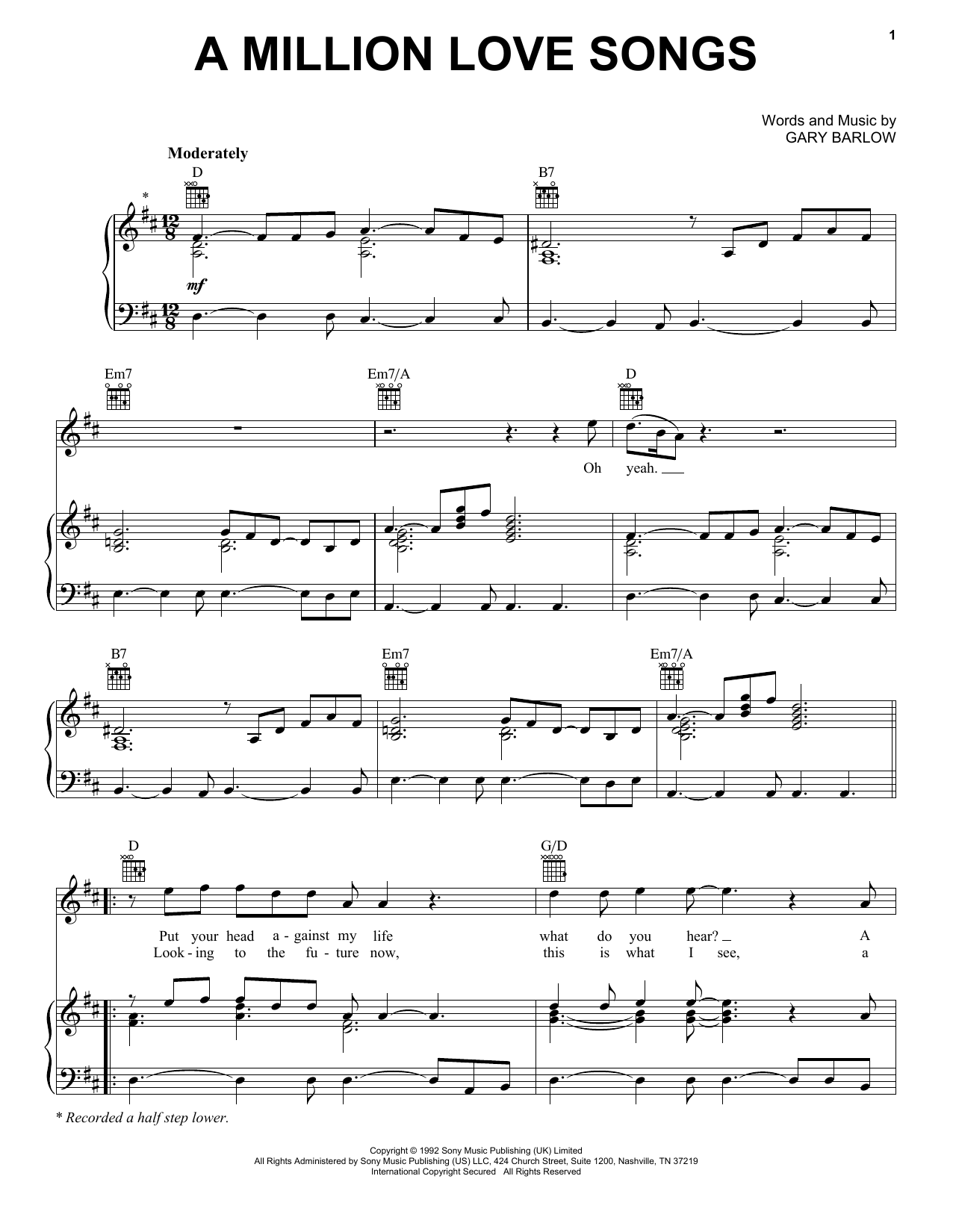 Take That A Million Love Songs sheet music notes and chords. Download Printable PDF.