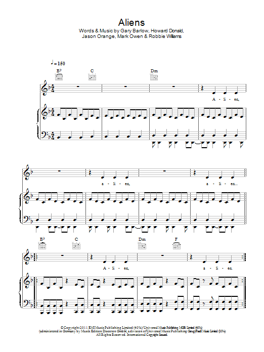 Take That Aliens sheet music notes and chords arranged for Piano, Vocal & Guitar Chords