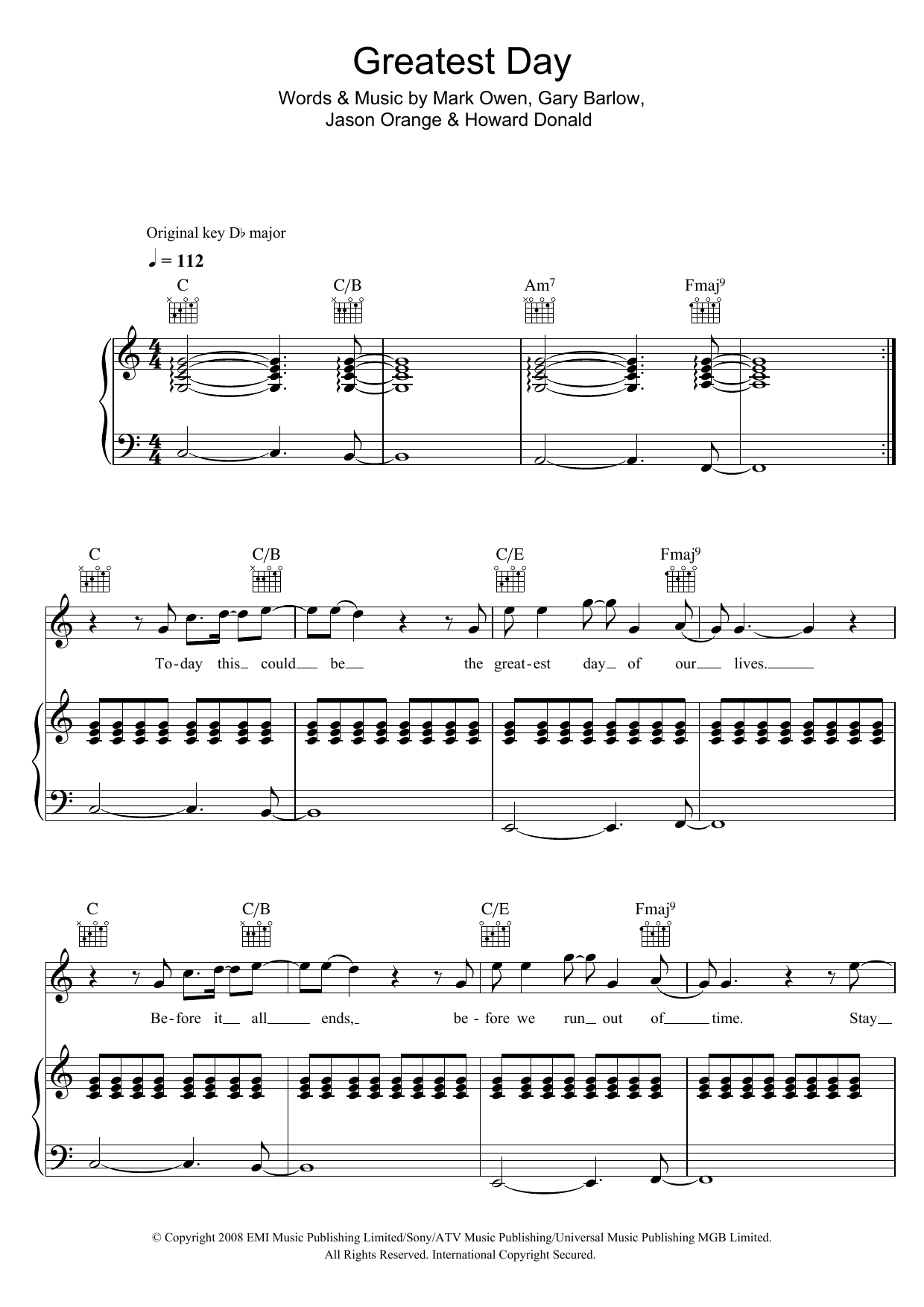 Take That Greatest Day sheet music notes and chords. Download Printable PDF.