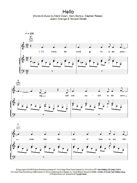 Take That Hello sheet music notes and chords arranged for Piano, Vocal & Guitar Chords