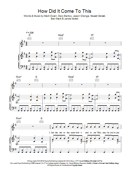 Take That How Did It Come To This sheet music notes and chords arranged for Piano, Vocal & Guitar Chords