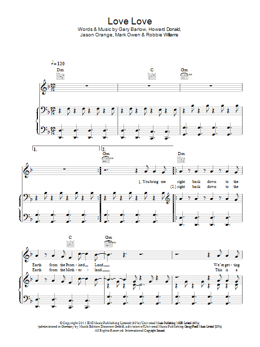 Take That Love Love sheet music notes and chords arranged for Piano, Vocal & Guitar Chords