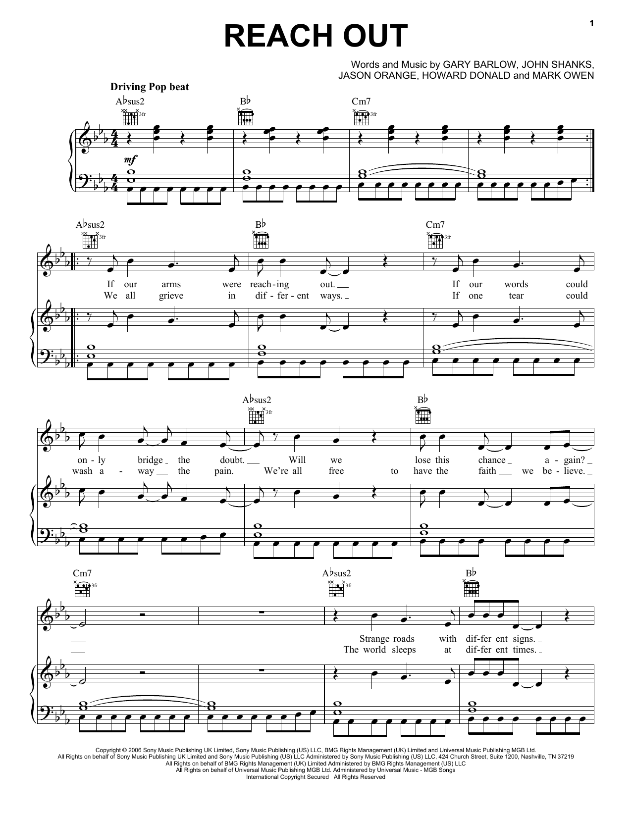 Learn to play Take That Reach Out sheet music for Piano, Vocal & Guitar Chords (Right-Hand Melody) in minutes. Price: 7.8900$ Take That Reach Out sheet music notes and chords arranged for Piano, Vocal & Guitar Chords (Right-Hand Melody)