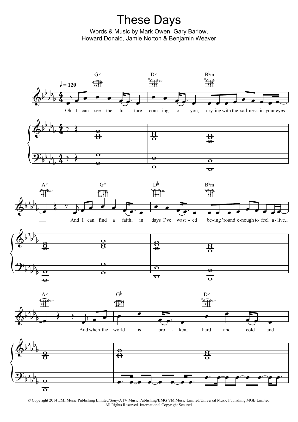 Take That These Days sheet music notes and chords arranged for Piano, Vocal & Guitar Chords