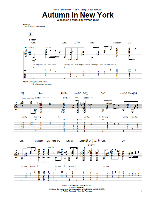 Learn to play Tal Farlow Autumn In New York sheet music for Guitar Tab in minutes. Price: 7.8900$ Tal Farlow Autumn In New York sheet music notes and chords arranged for Guitar Tab