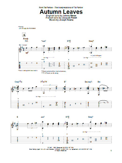 Tal Farlow Autumn Leaves sheet music notes and chords. Download Printable PDF.