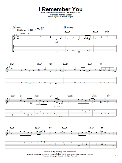 Tal Farlow I Remember You sheet music notes and chords. Download Printable PDF.