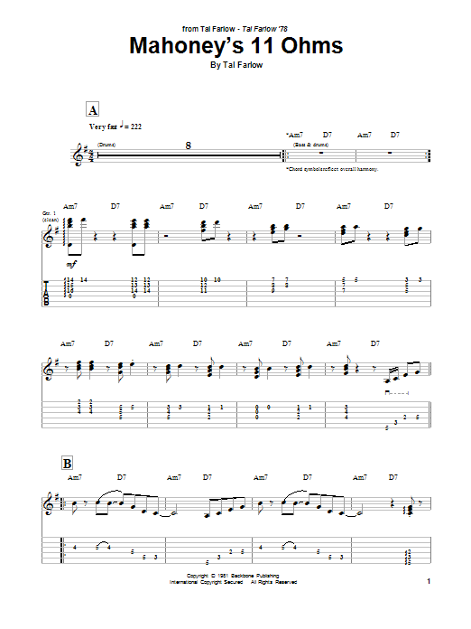 Tal Farlow Mahoney's 11 Ohms sheet music notes and chords. Download Printable PDF.