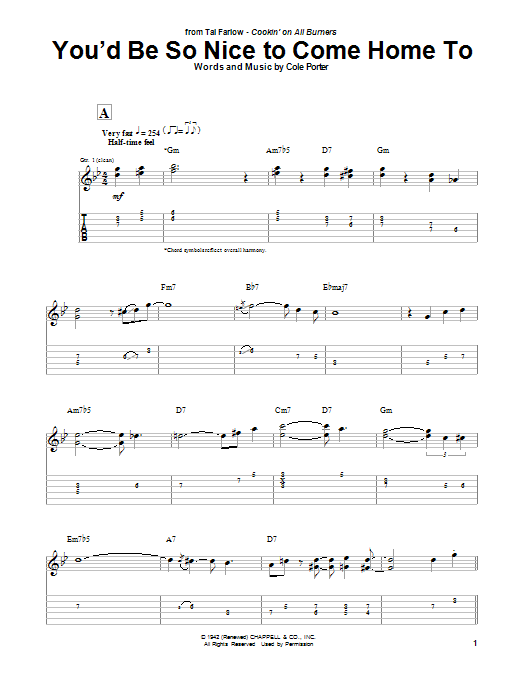 Learn to play Tal Farlow You'd Be So Nice To Come Home To sheet music for Guitar Tab in minutes. Price: 7.8900$ Tal Farlow You'd Be So Nice To Come Home To sheet music notes and chords arranged for Guitar Tab