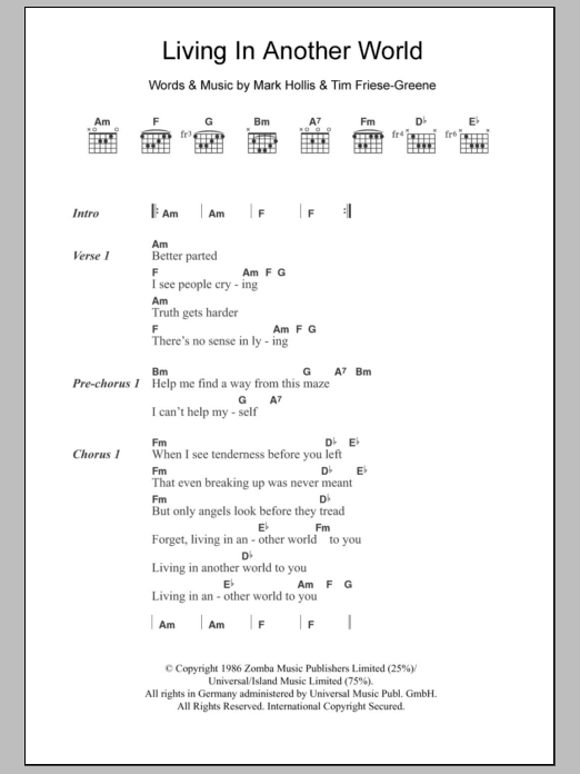 Talk Talk Living In Another World sheet music notes and chords. Download Printable PDF.