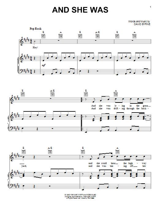 Talking Heads And She Was sheet music notes and chords. Download Printable PDF.