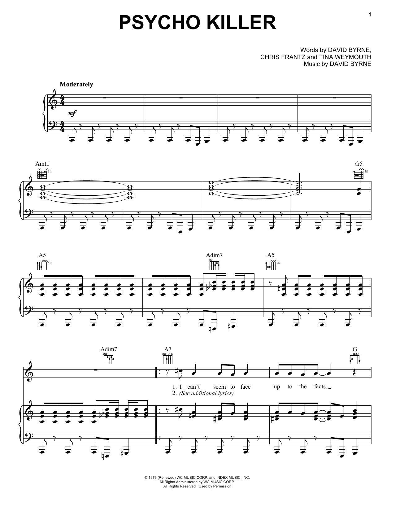 Talking Heads Psycho Killer sheet music notes and chords. Download Printable PDF.