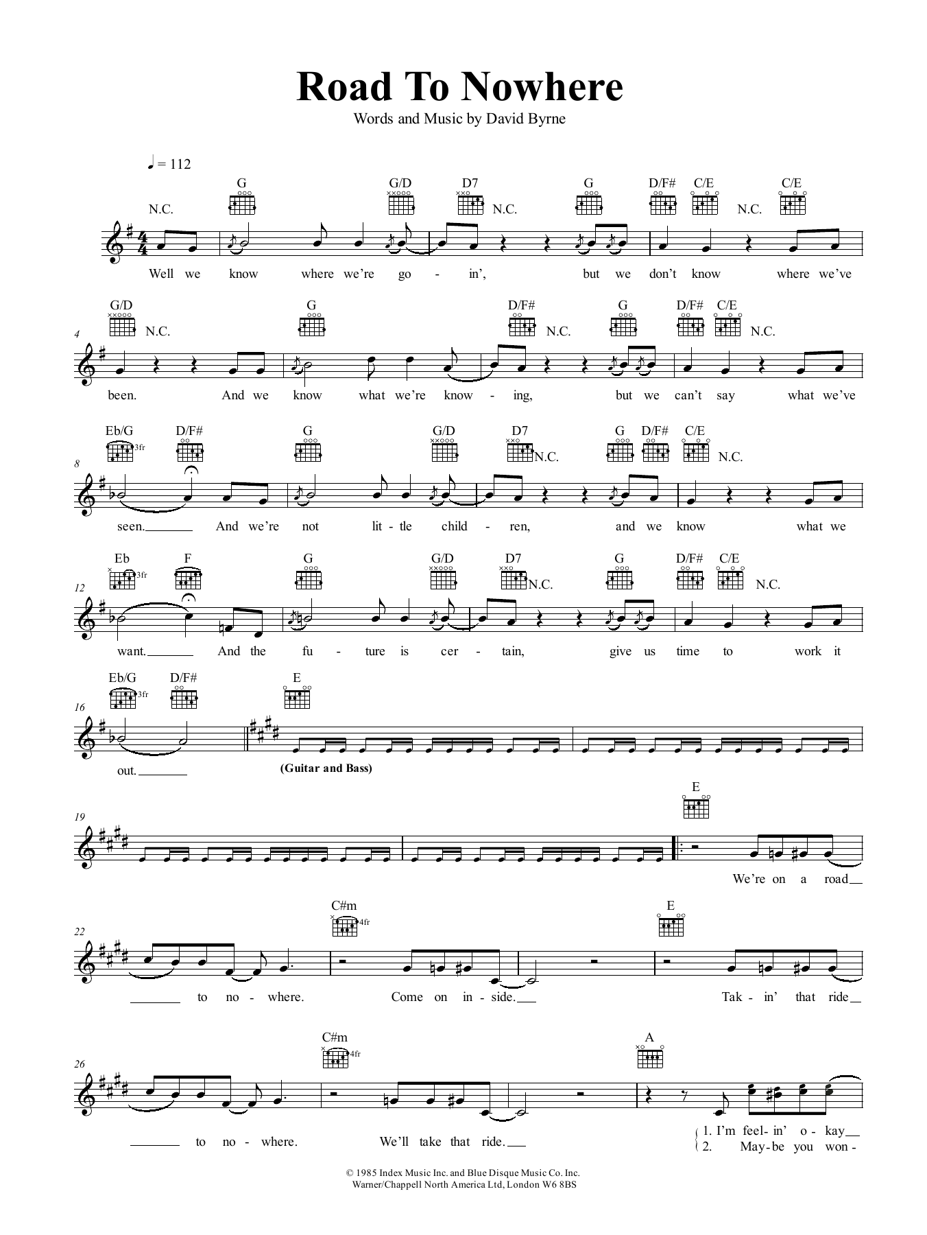 Talking Heads Road To Nowhere sheet music notes and chords. Download Printable PDF.