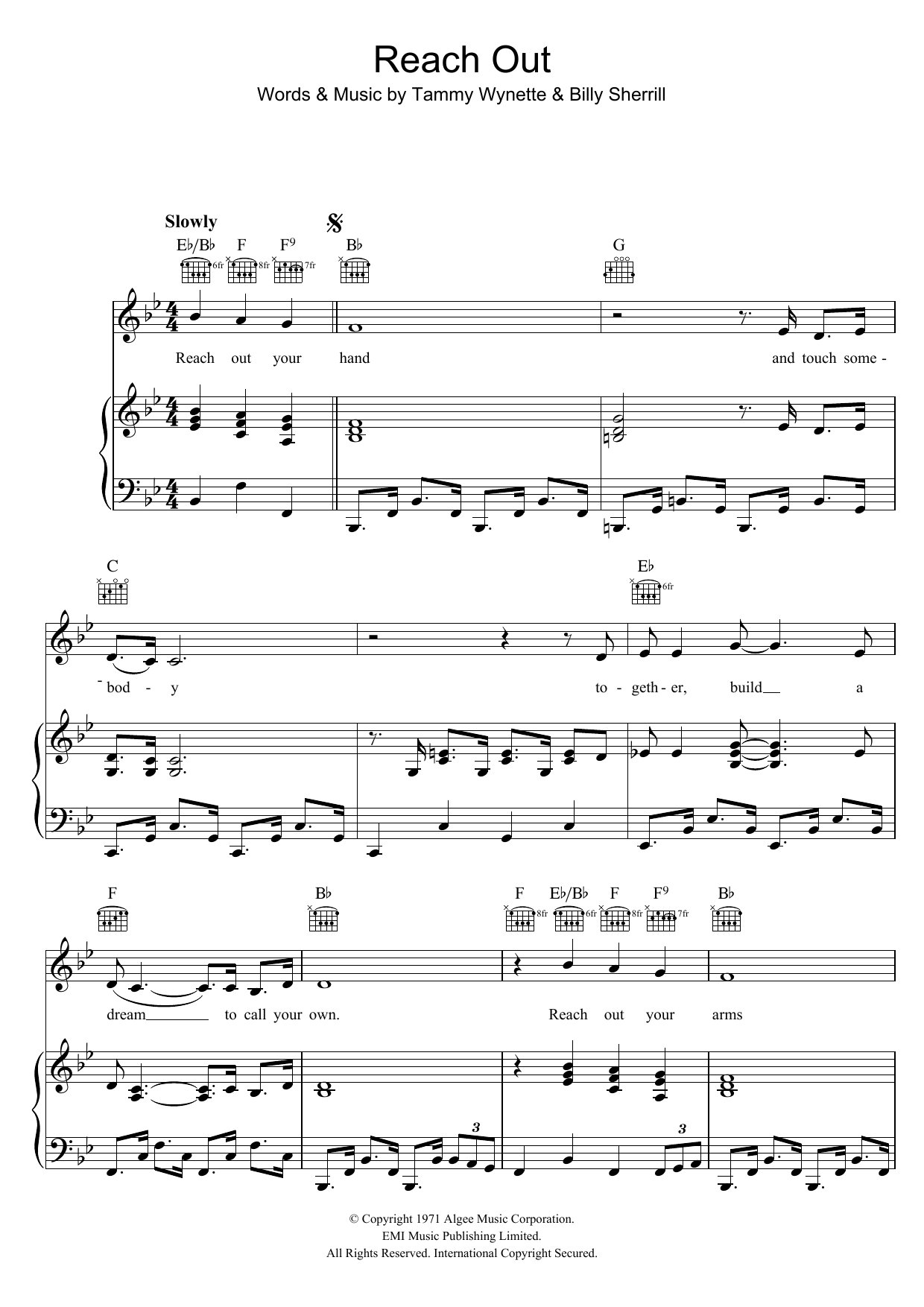 Learn to play Tammy Wynette Reach Out Your Hand sheet music for Piano, Vocal & Guitar Chords in minutes. Price: 7.8900$ Tammy Wynette Reach Out Your Hand sheet music notes and chords arranged for Piano, Vocal & Guitar Chords