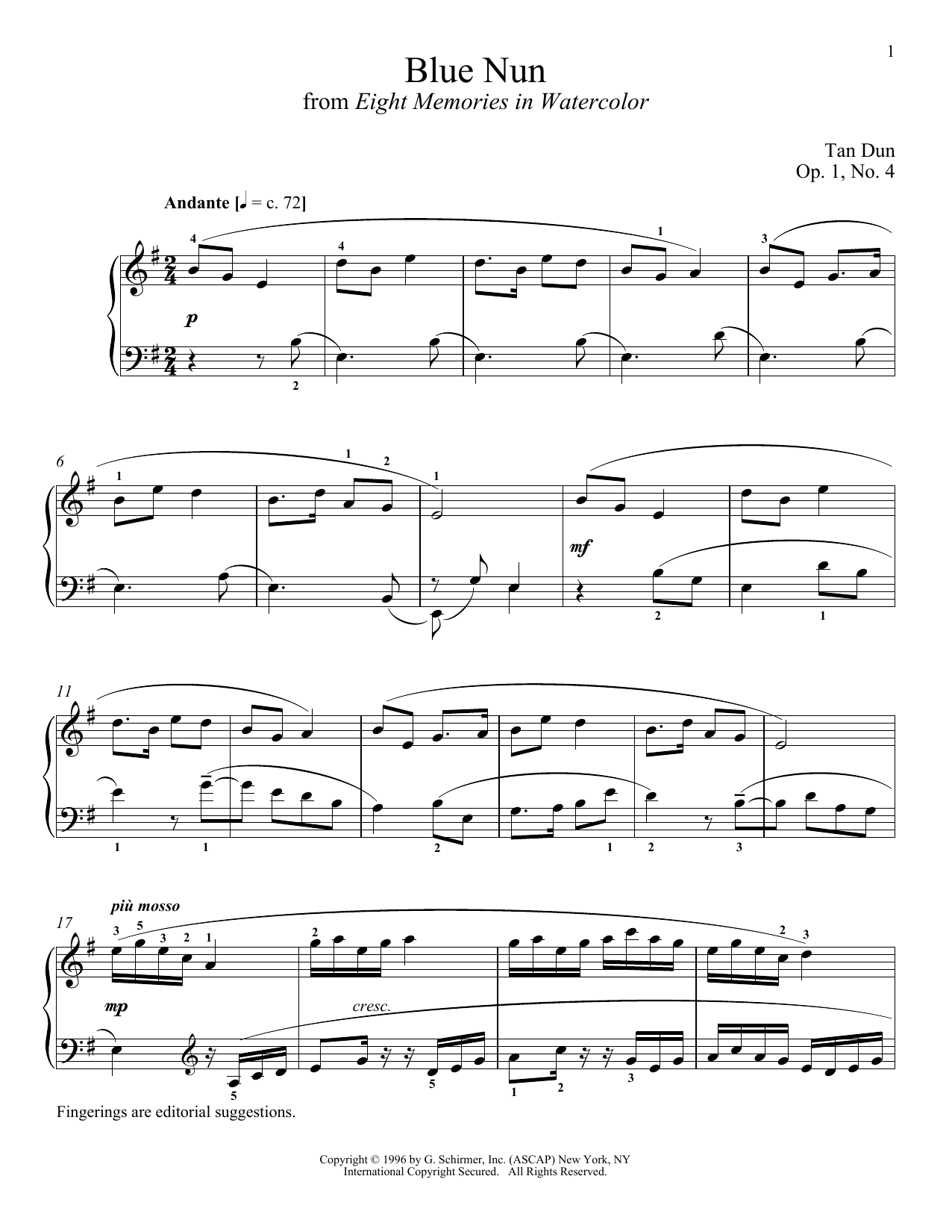 Learn to play Tan Dun Blue Nun sheet music for Piano Solo in minutes. Price: 7.8900$ Tan Dun Blue Nun sheet music notes and chords arranged for Piano Solo