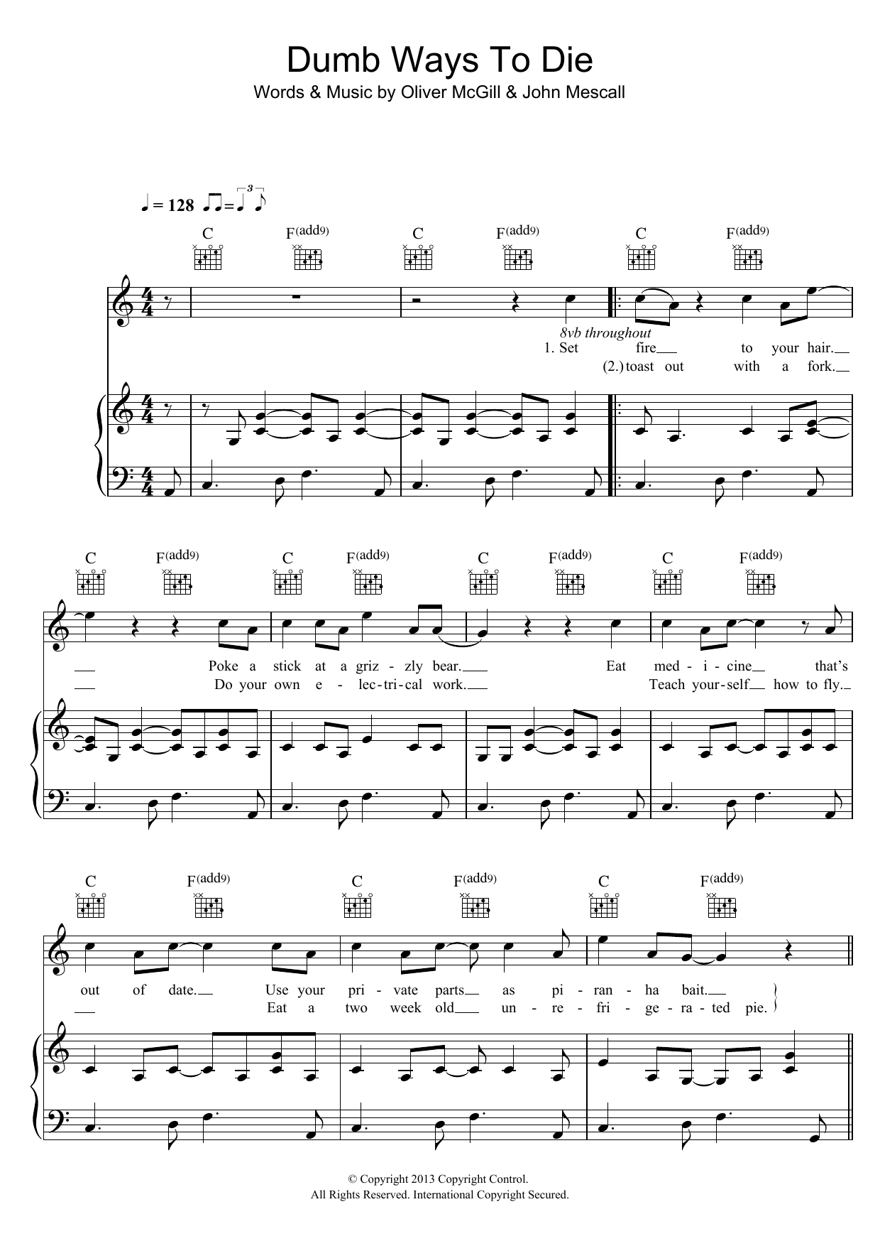 Tangerine Kitty Dumb Ways To Die sheet music notes and chords. Download Printable PDF.