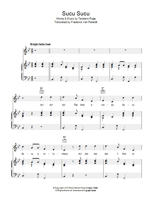 Learn to play Tarateno Rojas Sucu Sucu sheet music for Piano, Vocal & Guitar Chords in minutes. Price: 7.8900$ Tarateno Rojas Sucu Sucu sheet music notes and chords arranged for Piano, Vocal & Guitar Chords