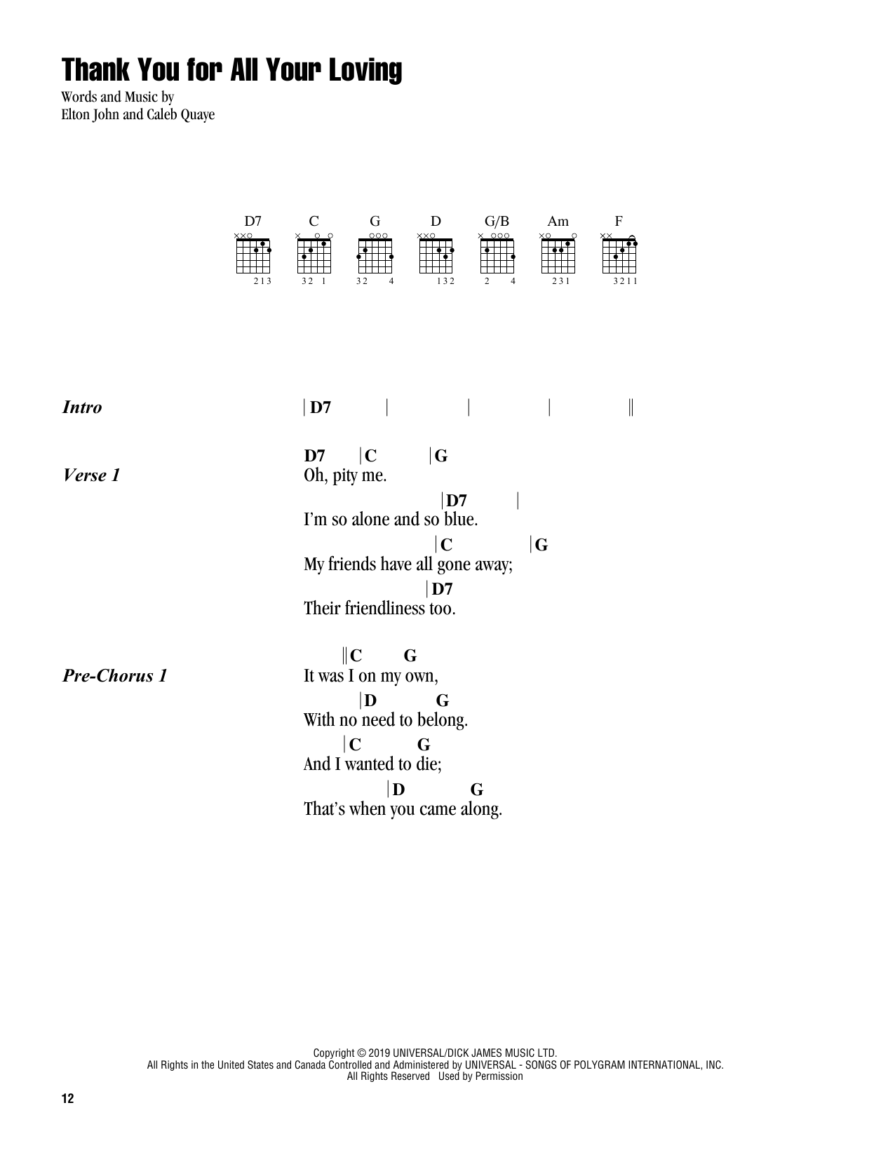 Taron Egerton Thank You For All Your Loving (from Rocketman) sheet music notes and chords arranged for Guitar Chords/Lyrics