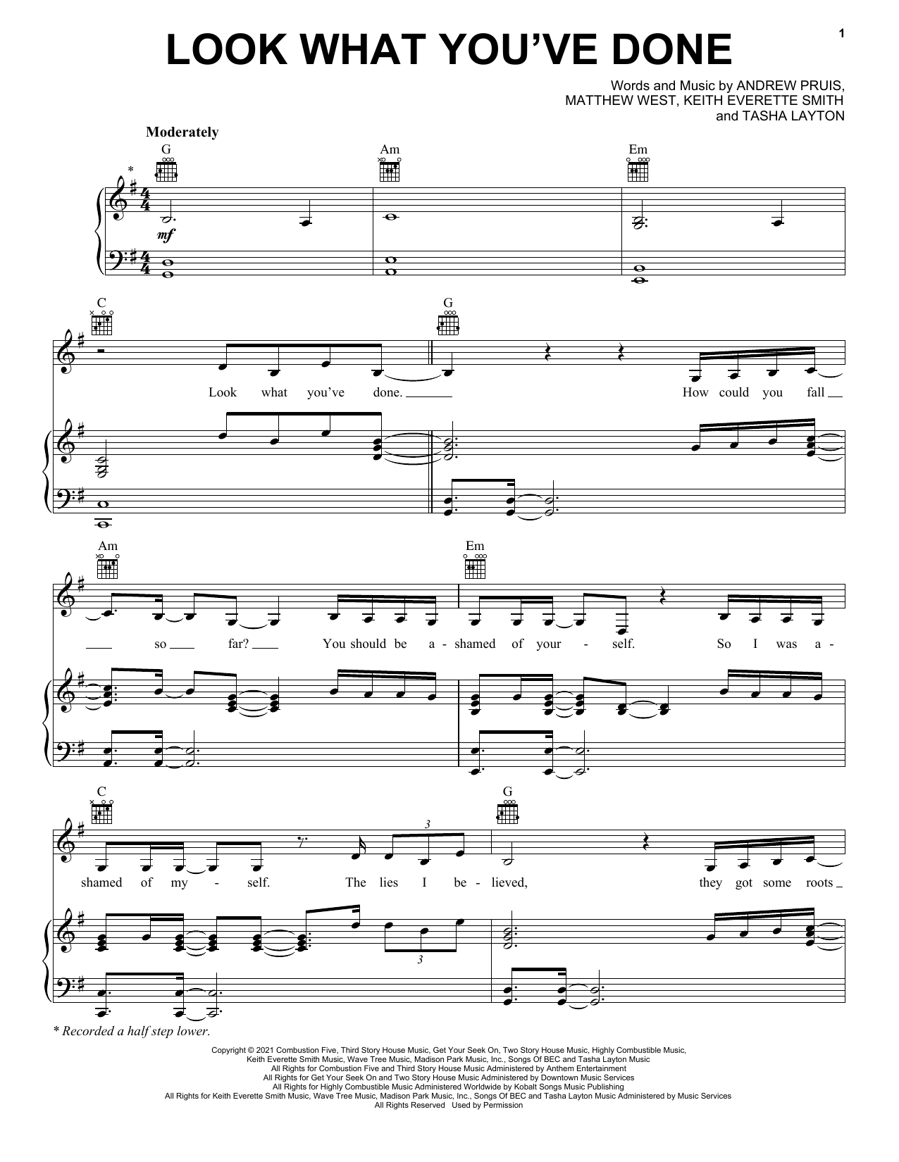 Learn to play Tasha Layton Look What You've Done sheet music for Piano, Vocal & Guitar Chords (Right-Hand Melody) in minutes. Price: 7.8900$ Tasha Layton Look What You've Done sheet music notes and chords arranged for Piano, Vocal & Guitar Chords (Right-Hand Melody)