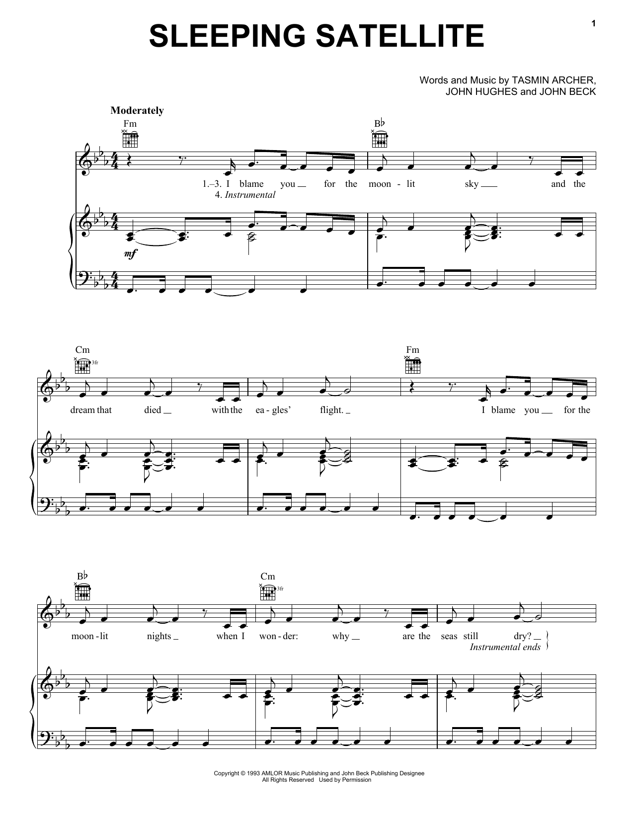 Tasmin Archer Sleeping Satellite sheet music notes and chords. Download Printable PDF.