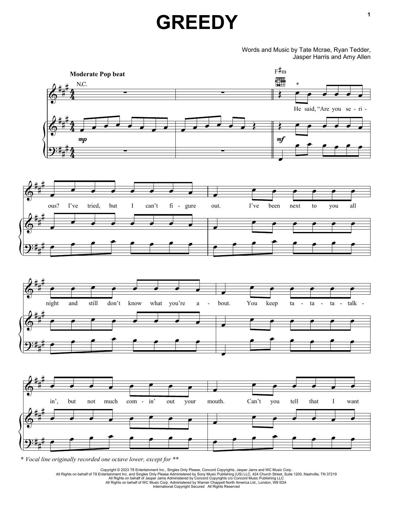 Tate McRae greedy sheet music notes and chords arranged for Piano, Vocal & Guitar Chords (Right-Hand Melody)