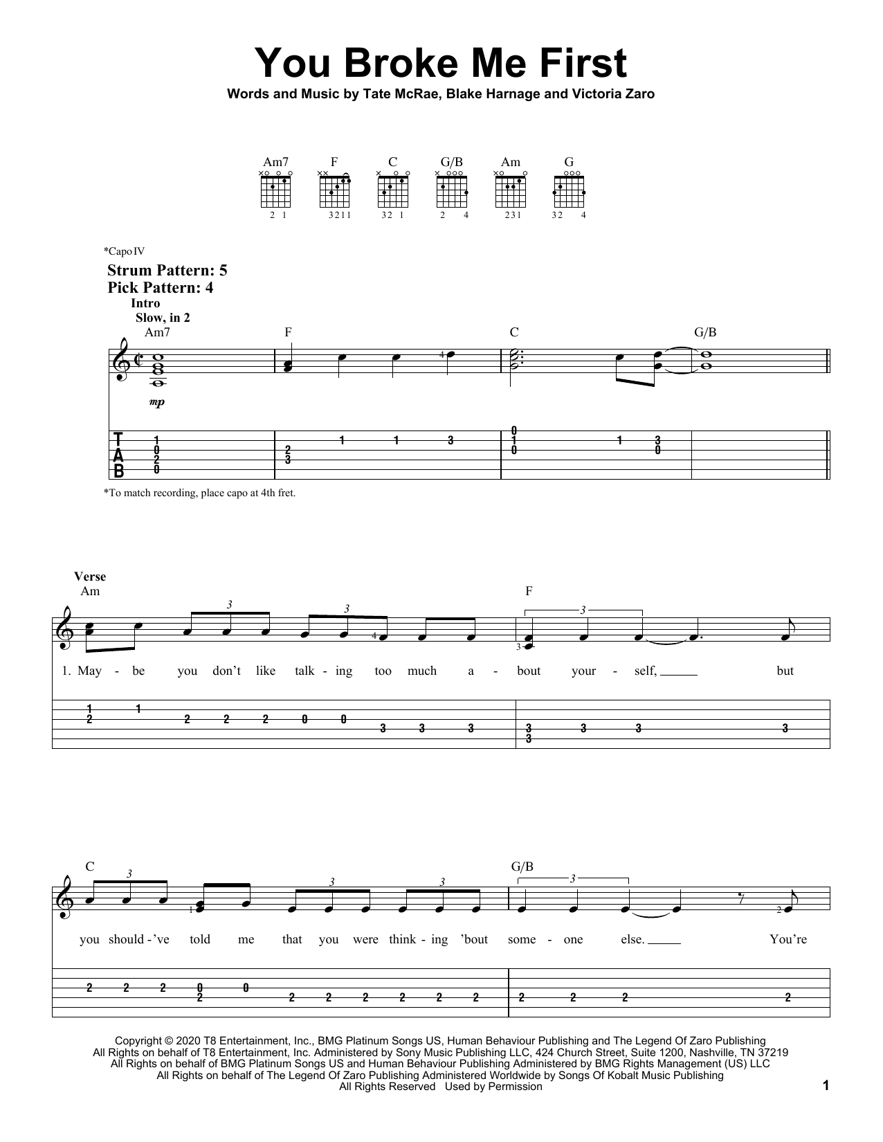 Tate McRae You Broke Me First sheet music notes and chords arranged for Easy Piano