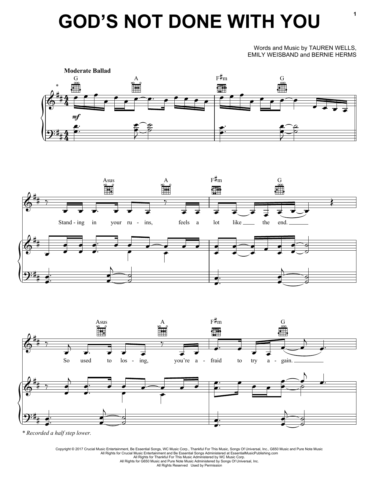 Learn to play Tauren Wells God's Not Done With You sheet music for Piano, Vocal & Guitar Chords (Right-Hand Melody) in minutes. Price: 7.8900$ Tauren Wells God's Not Done With You sheet music notes and chords arranged for Piano, Vocal & Guitar Chords (Right-Hand Melody)