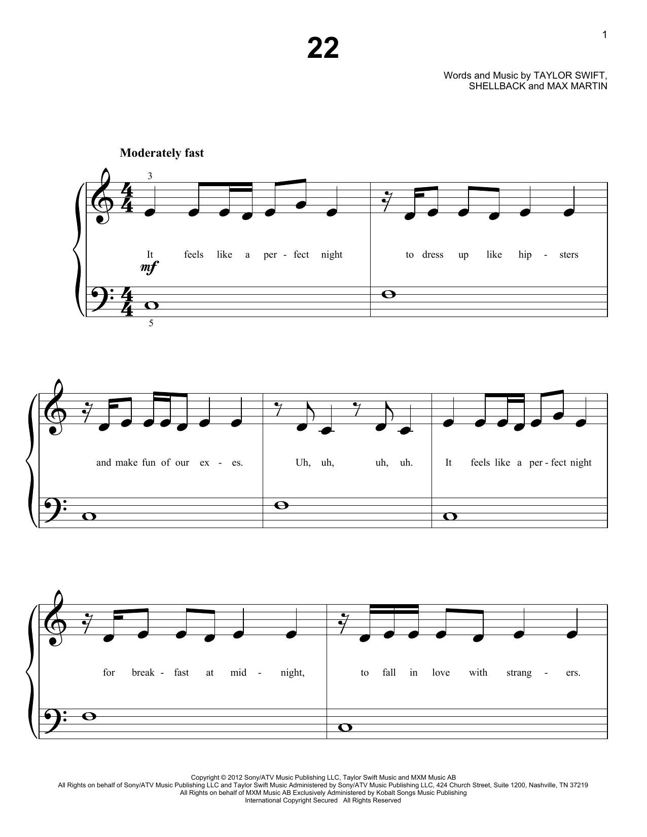 Taylor Swift 22 sheet music notes and chords. Download Printable PDF.