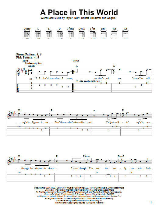 Taylor Swift A Place In This World sheet music notes and chords. Download Printable PDF.