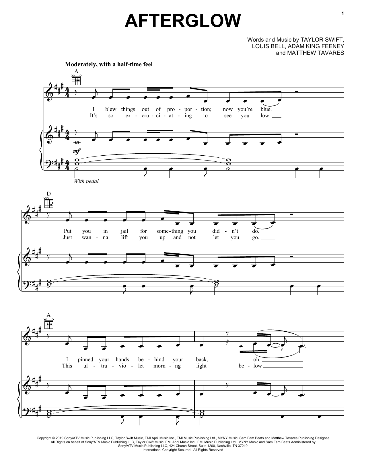 Taylor Swift Afterglow sheet music notes and chords arranged for Piano, Vocal & Guitar Chords (Right-Hand Melody)